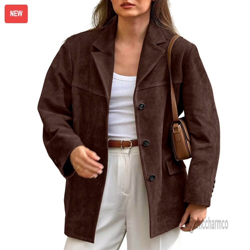 Faux Suede Blazer Jacket Notched Lapel Single Breasted Vintage Chic Style
